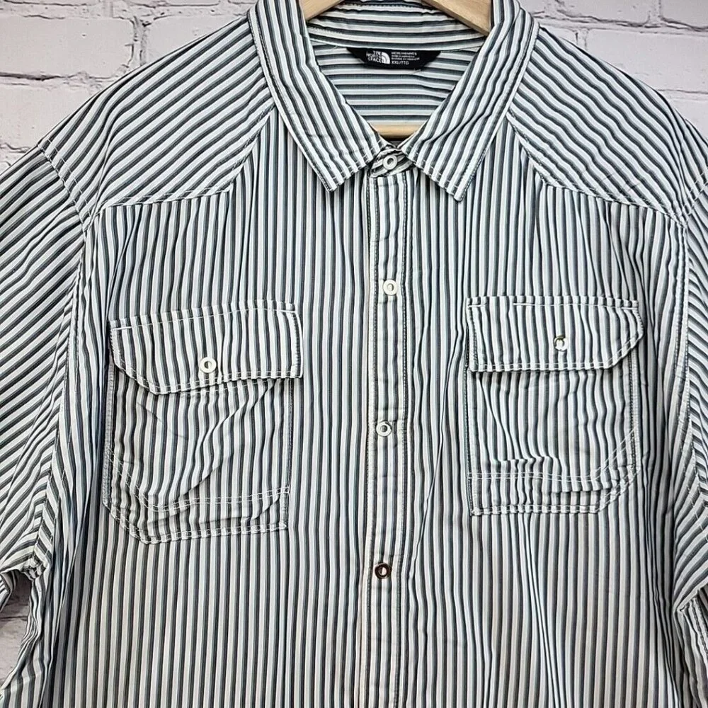 The North Face Mens Shirt Sz XXL Blue‎ Striped Snap Up Short Sleeve